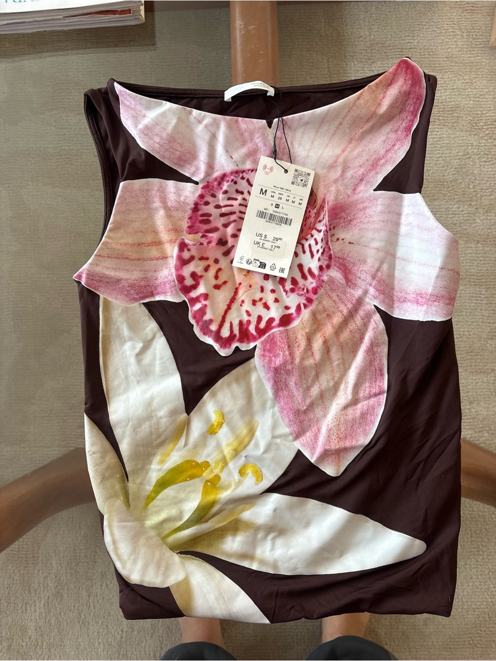 Zara Brown Floral Tank Top with Pink & White Orchid Print